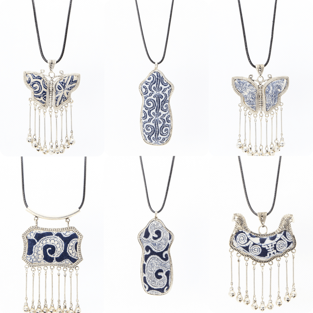 Hand Drawn & Dyed Batik Wax Fabric Silver Necklaces